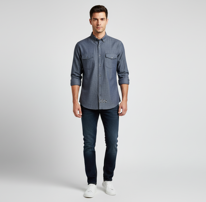 Szaro Niebieska koszula męska jeansowa długi rękaw dwie kieszenie 43.png