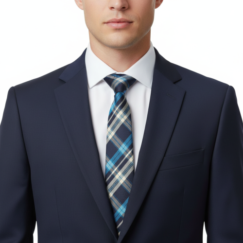 Stylowy krawat męski w modne romby wzory w granacie i niebieskim.png