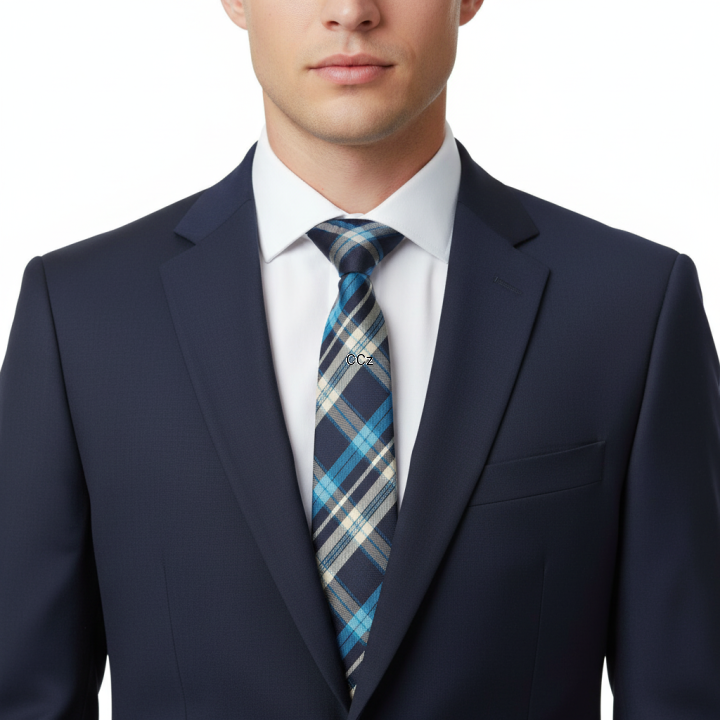 Stylowy krawat męski w modne romby wzory w granacie i niebieskim.png