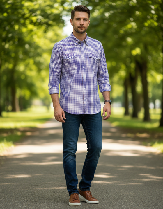 różowo niebieska koszula na długi rękaw dwie kieszenie  w delikatną kratkę regular na modelu mężczyzny w plenerze.png