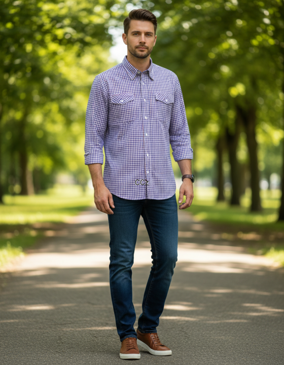 różowo niebieska koszula na długi rękaw dwie kieszenie  w delikatną kratkę regular na modelu mężczyzny w plenerze.png
