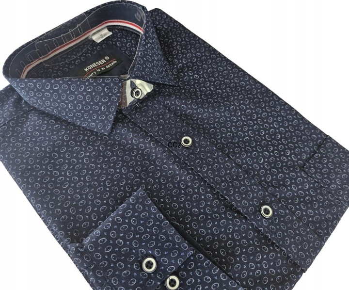 Garniturowa granatowa koszula męska ładne białe wzory modny wybór 42/43 XL