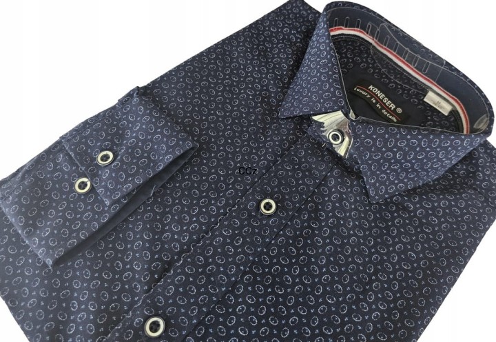 Garniturowa granatowa koszula męska w ładne białe wzory modny wybór 39/40 M