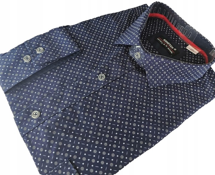 Elegancka garniturowa granatowa koszula męska w wzory modny wybór 41/42 L