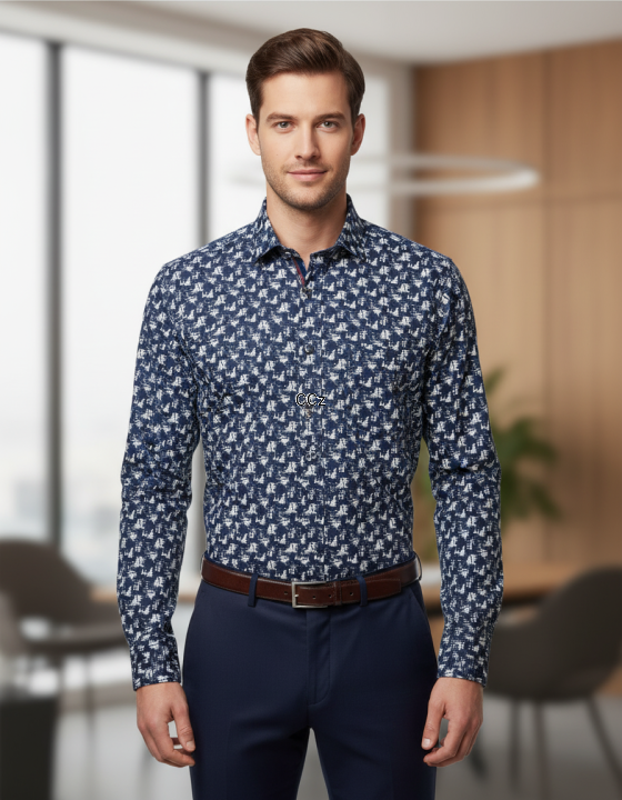 Stylowa granatowa koszula we wzorki rozmiar 39 – idealna na każdą okazję!.png