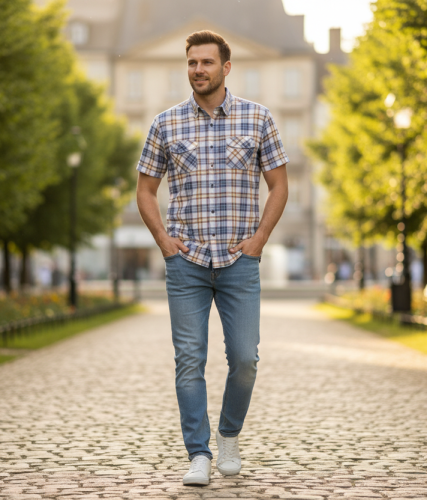 Elegancka Beżowa Bawełniana Koszula Męska w Kratkę - Styl i Wygoda rozm 39.png