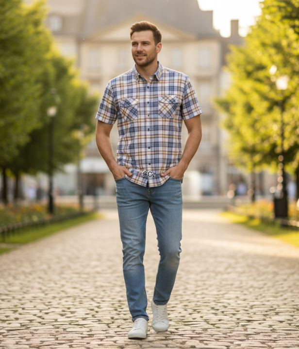 Elegancka Beżowa Bawełniana Koszula Męska w Kratkę - Styl i Wygoda rozm 39.png