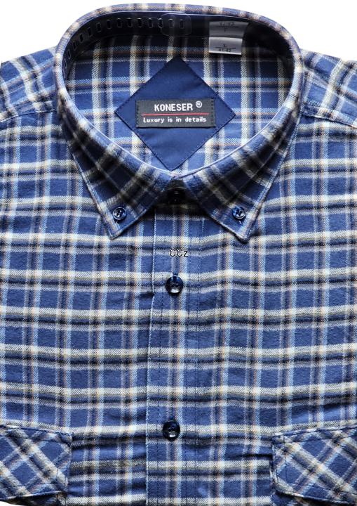 Szaro Niebieska koszula męska bawełniana w kratkę dwie kieszenie 1.png