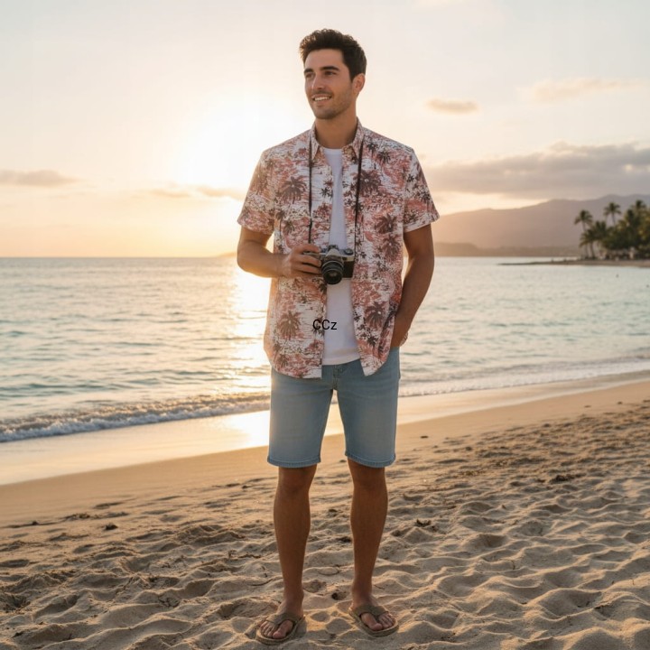 Koszula męska młodzieżowa Hawajska czerwona w palmy krótki rękaw 38 S.jpeg