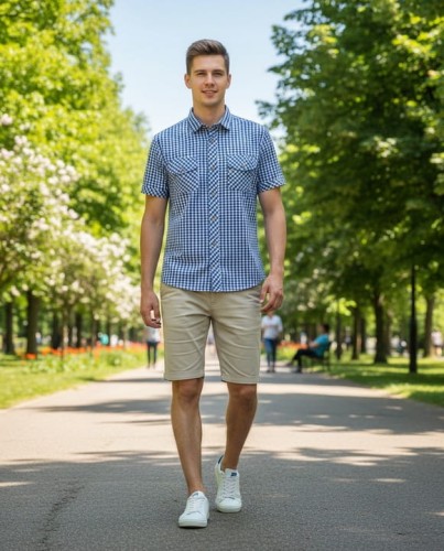 Koszula Męska W Kratę Z Krótkim Rękawem Elegancka Casualowa