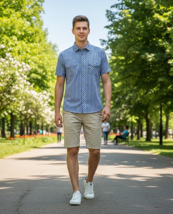 Koszula Męska W Kratę Z Krótkim Rękawem Elegancka Casualowa