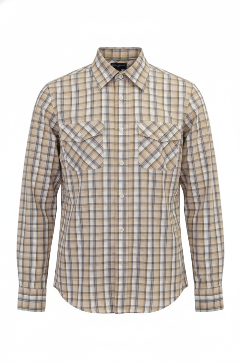 Casualowa Bawełniana Męska Młodzieżowa Koszula w beżową kratkę.png