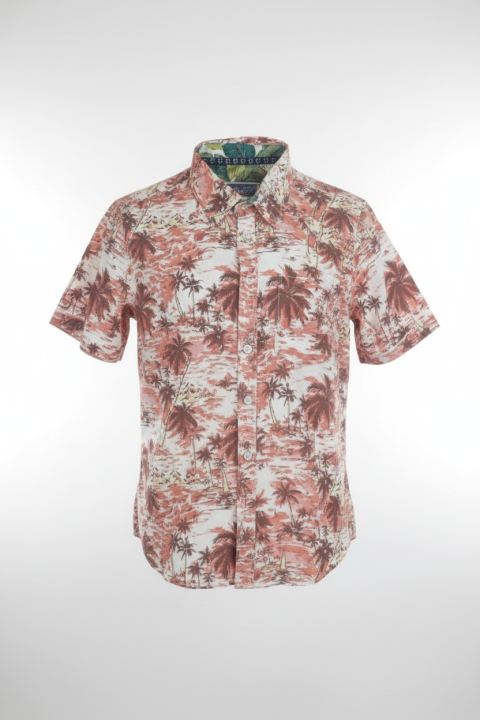Koszula męska młodzieżowa Hawajska czerwona w palmy krótki rękaw.png